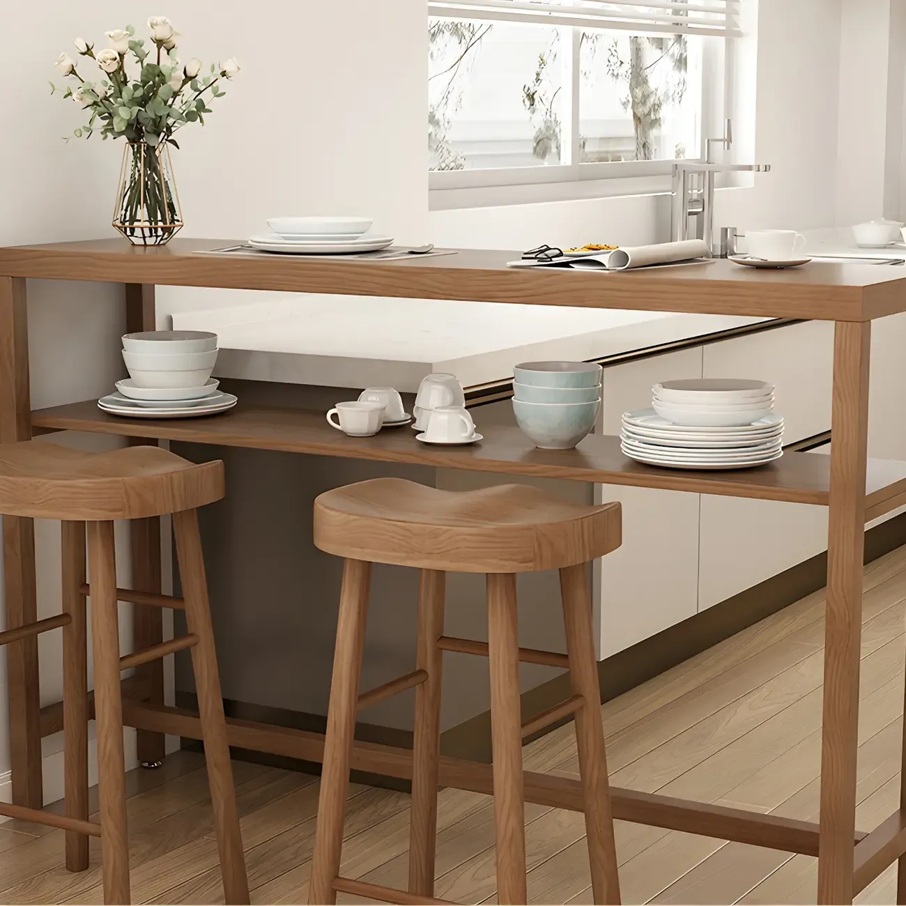 Modern Brown Pine Wooden Shelf Storage Trestle Bar Tables Image - 8