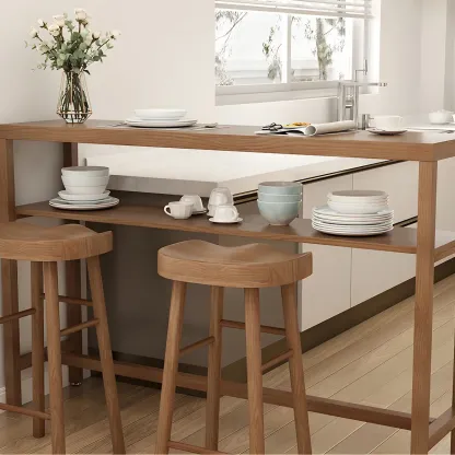 Modern Brown Pine Wooden Shelf Storage Trestle Bar Tables Image - 8