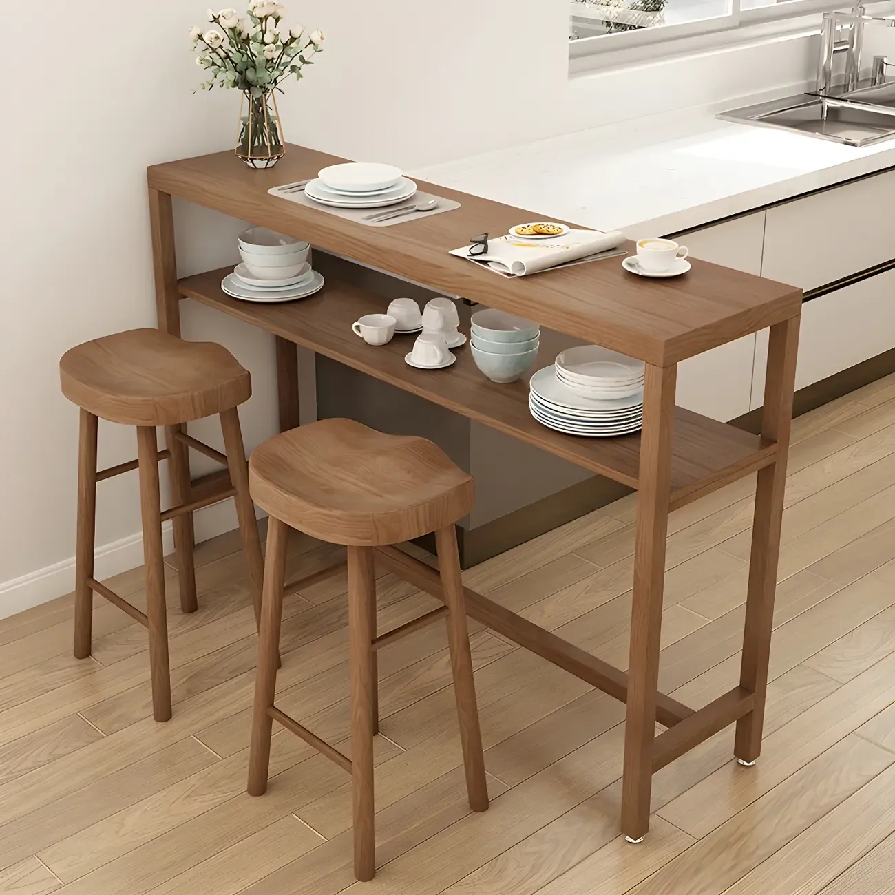 Modern Brown Pine Wooden Shelf Storage Trestle Bar Tables Image - 10