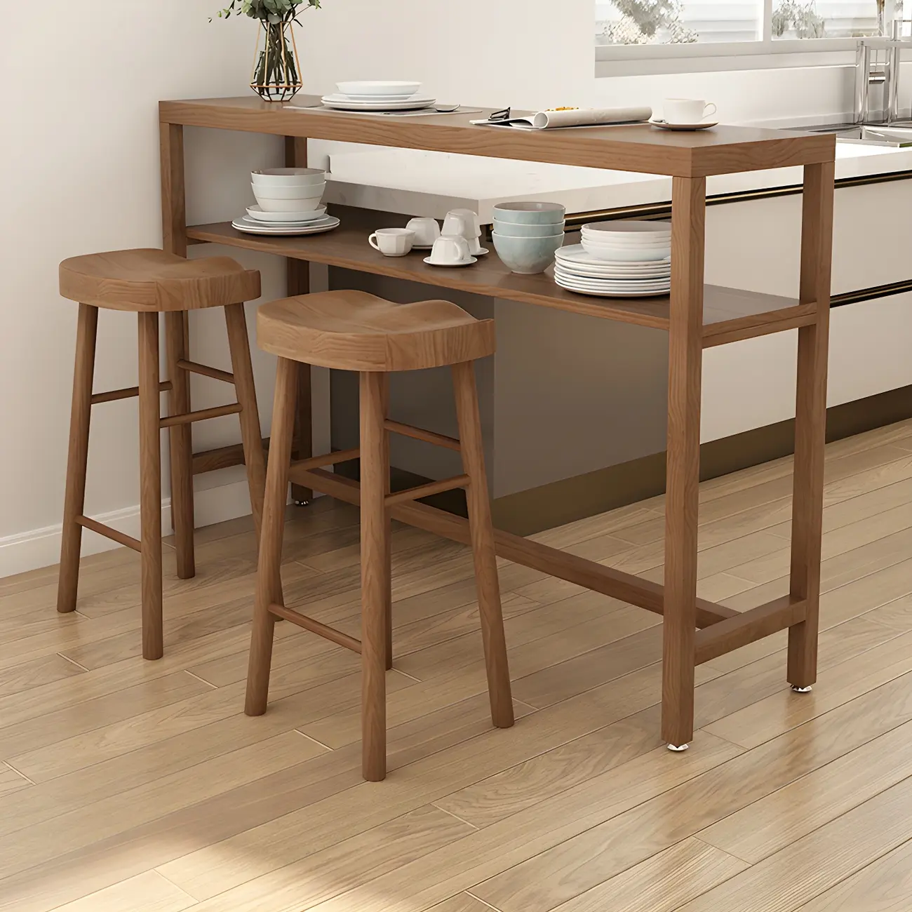 Modern Brown Pine Wooden Shelf Storage Trestle Bar Tables Image - 11 | homeyfad