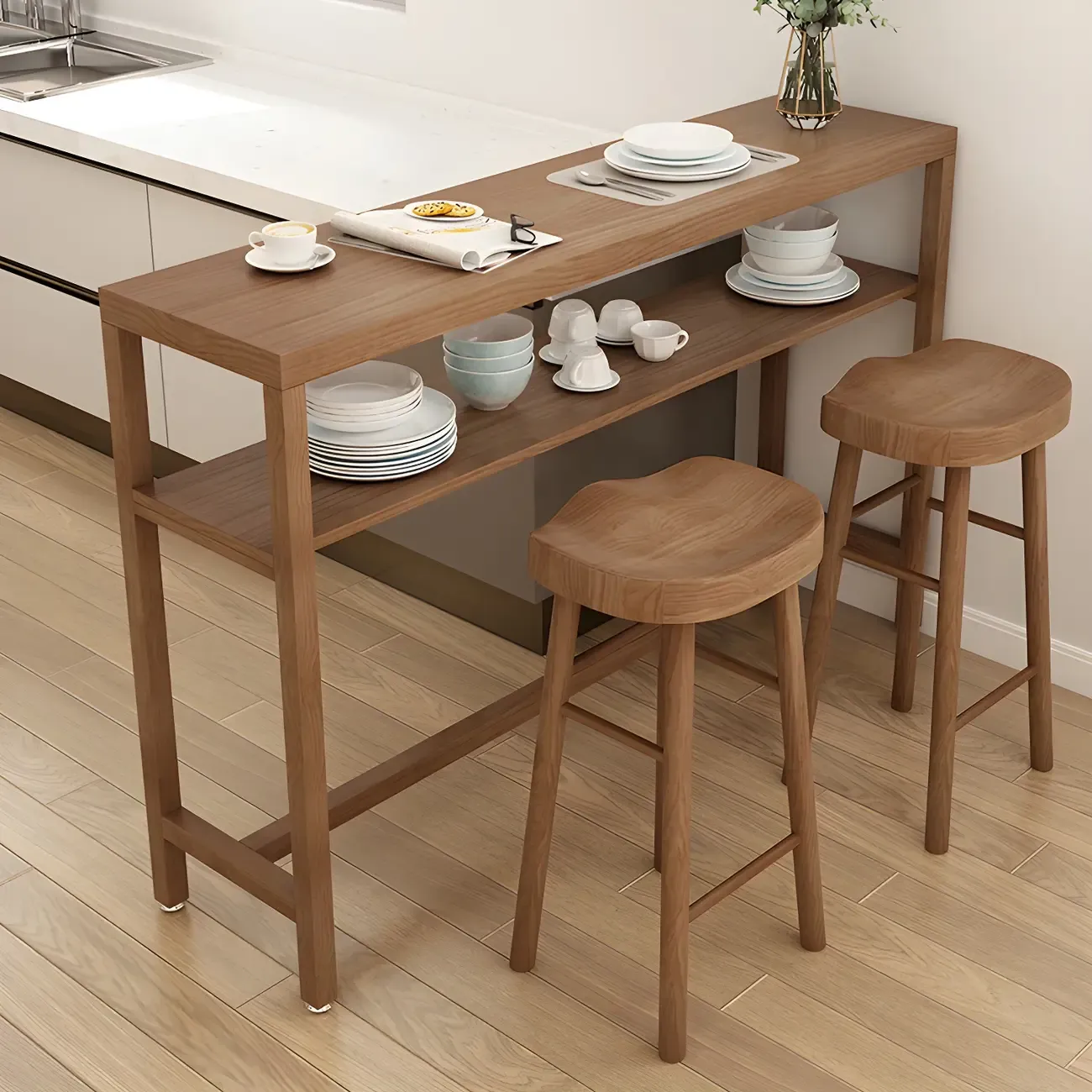 Modern Brown Pine Wooden Shelf Storage Trestle Bar Tables Image - 12