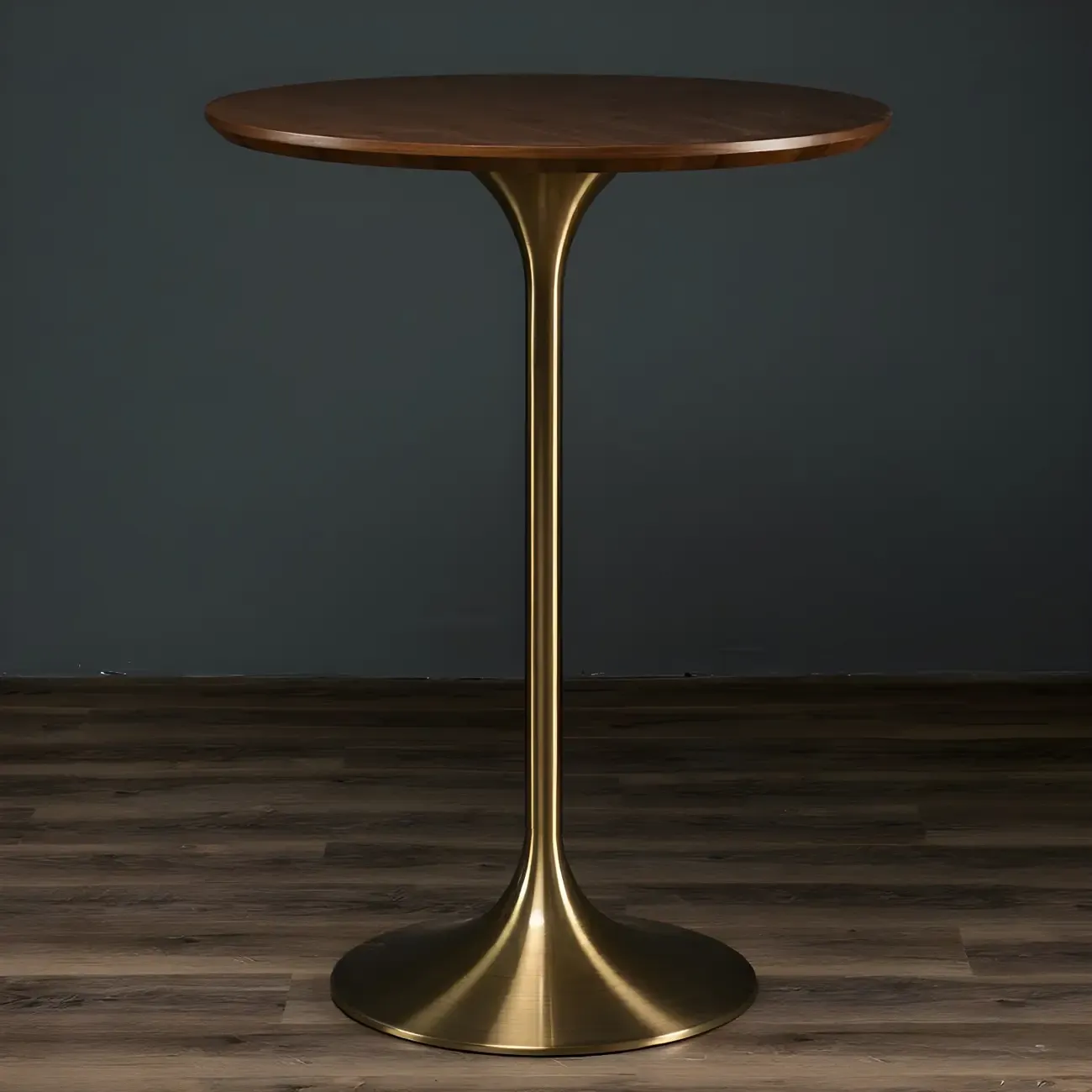 Round Glam Brown Gold Wood Metal Tulip Base Bar Tables Image - 1