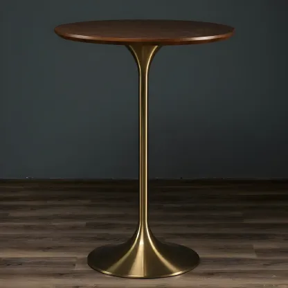 Round Glam Brown Gold Wood Metal Tulip Base Bar Tables Image - 1