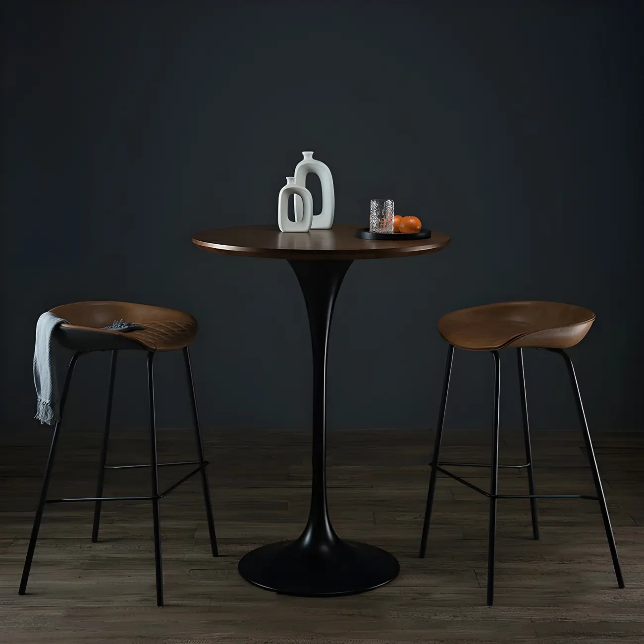 Round Glam Brown Gold Wood Metal Tulip Base Bar Tables Image - 3 | homeyfad