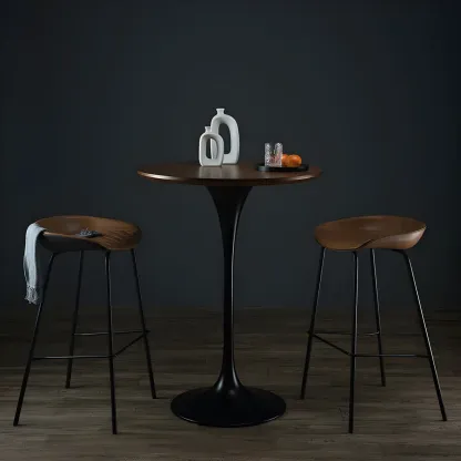 Round Glam Brown Gold Wood Metal Tulip Base Bar Tables Image - 3