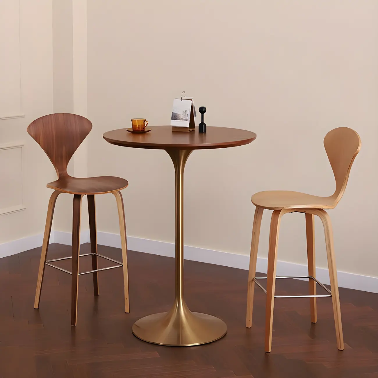 Round Glam Brown Gold Wood Metal Tulip Base Bar Tables Image - 2 | homeyfad
