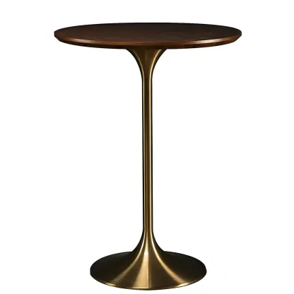 Round Glam Brown Gold Wood Metal Tulip Base Bar Tables Image - 9