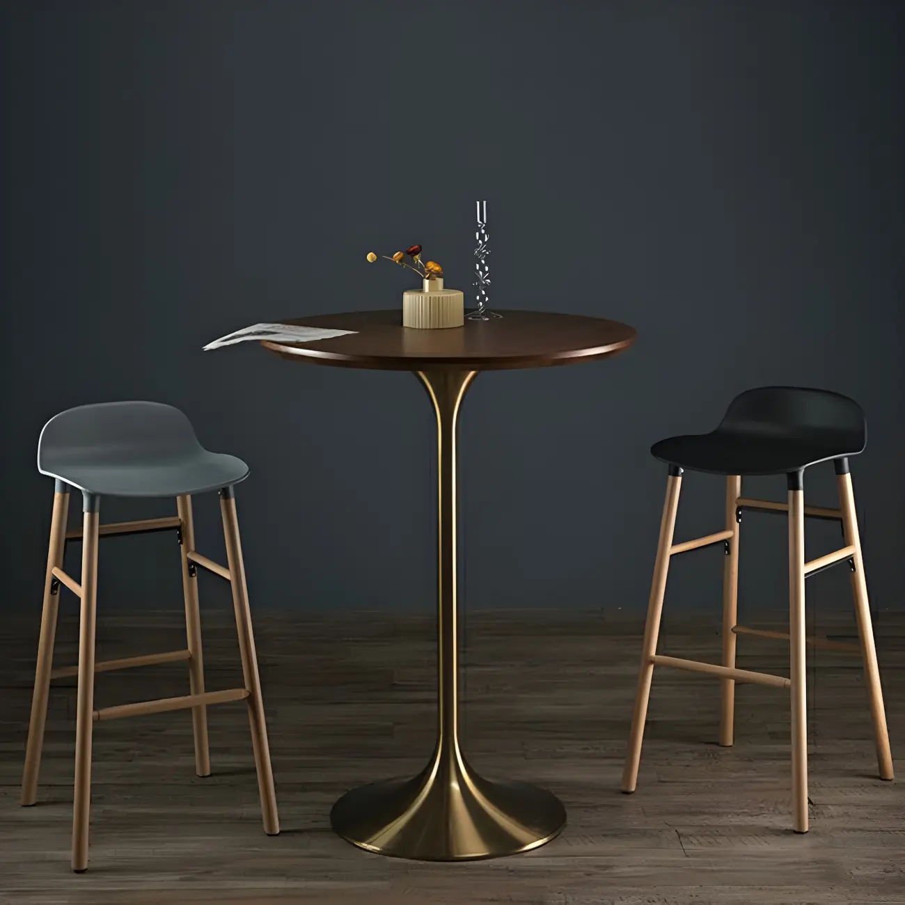 Round Glam Brown Gold Wood Metal Tulip Base Bar Tables Image - 19 | homeyfad