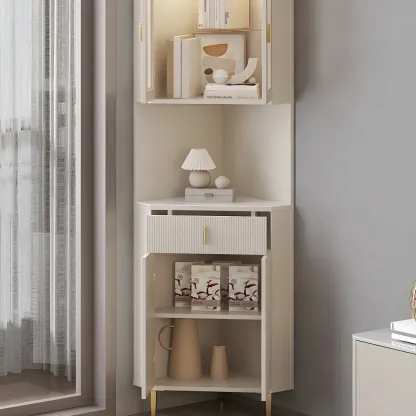 Modern Cream White Wood Gold Accent Storage Corner Cabinet Image - 2