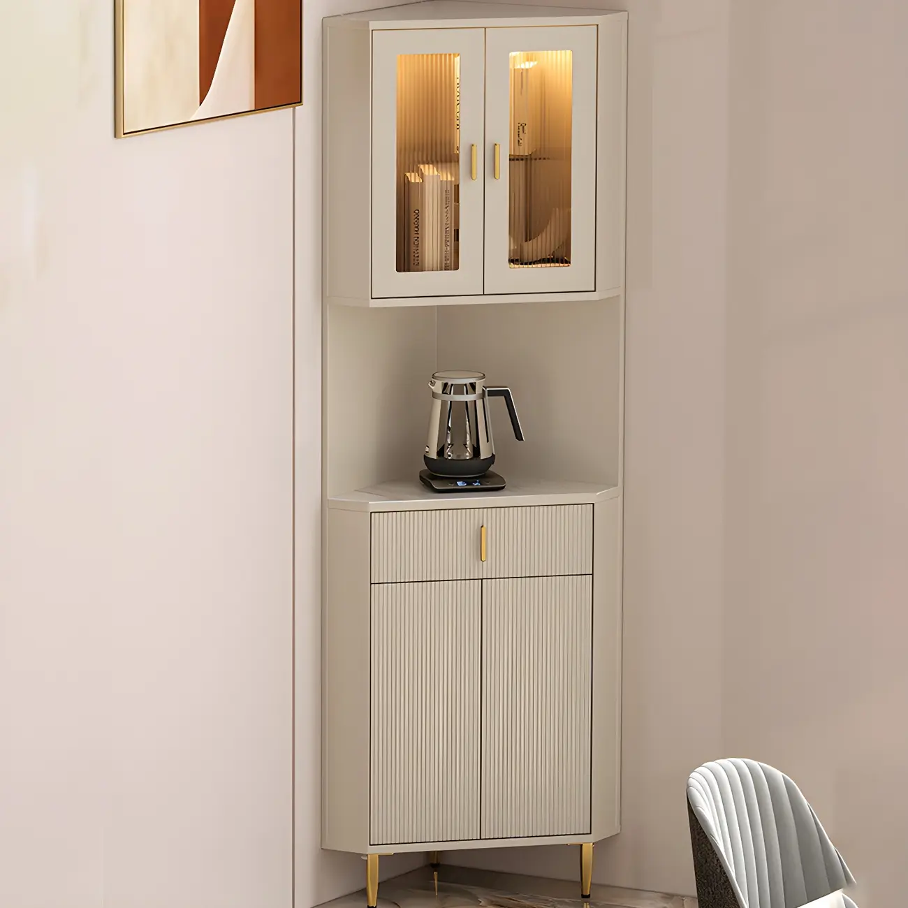 Modern Cream White Wood Gold Accent Storage Corner Cabinet Image - 3 | homeyfad
