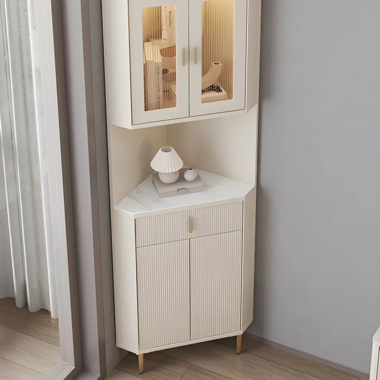 Modern Cream White Wood Gold Accent Storage Corner Cabinet Image - 4