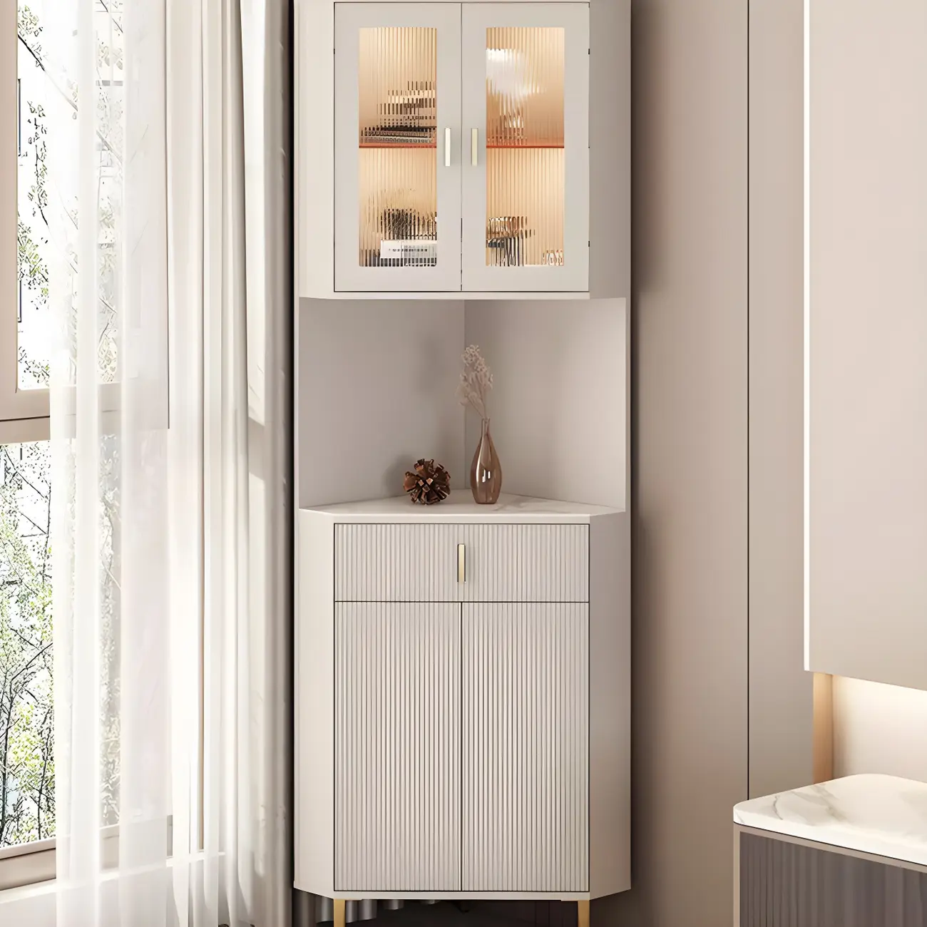 Modern Cream White Wood Gold Accent Storage Corner Cabinet Image - 5 | homeyfad