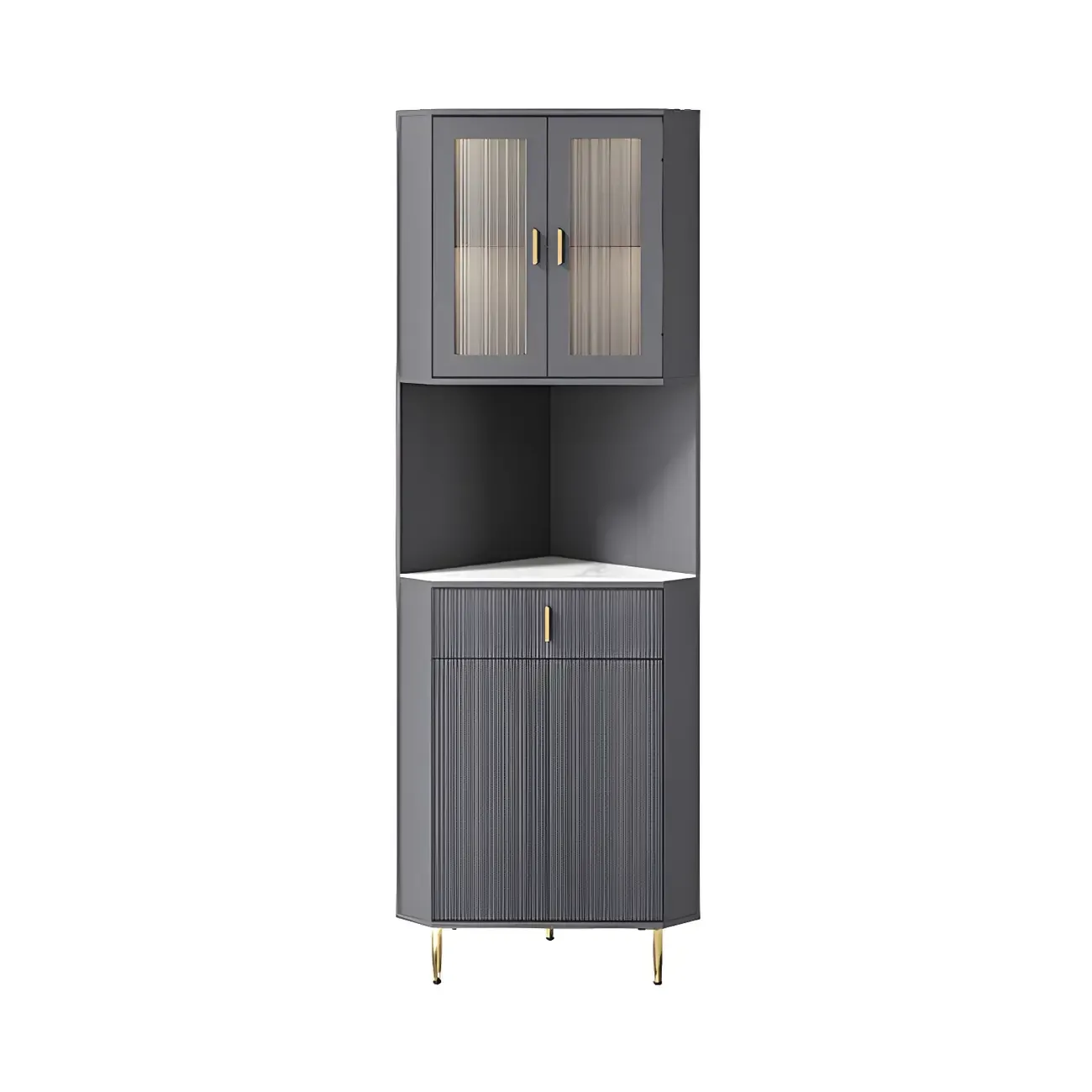 Modern Cream White Wood Gold Accent Storage Corner Cabinet Image - 6