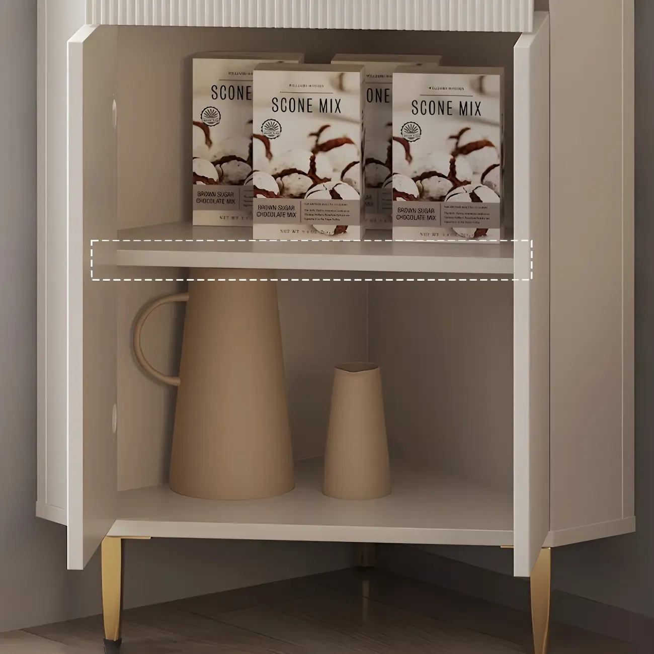 Modern Cream White Wood Gold Accent Storage Corner Cabinet Image - 7