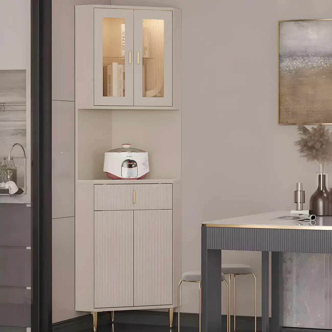 Modern Cream White Wood Gold Accent Storage Corner Cabinet Image - 1