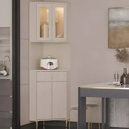 Modern Cream White Wood Gold Accent Storage Corner Cabinet Image - 1