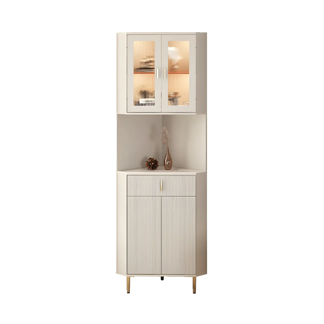 Modern Cream White Wood Gold Accent Storage Corner Cabinet Image - 11 | homeyfad
