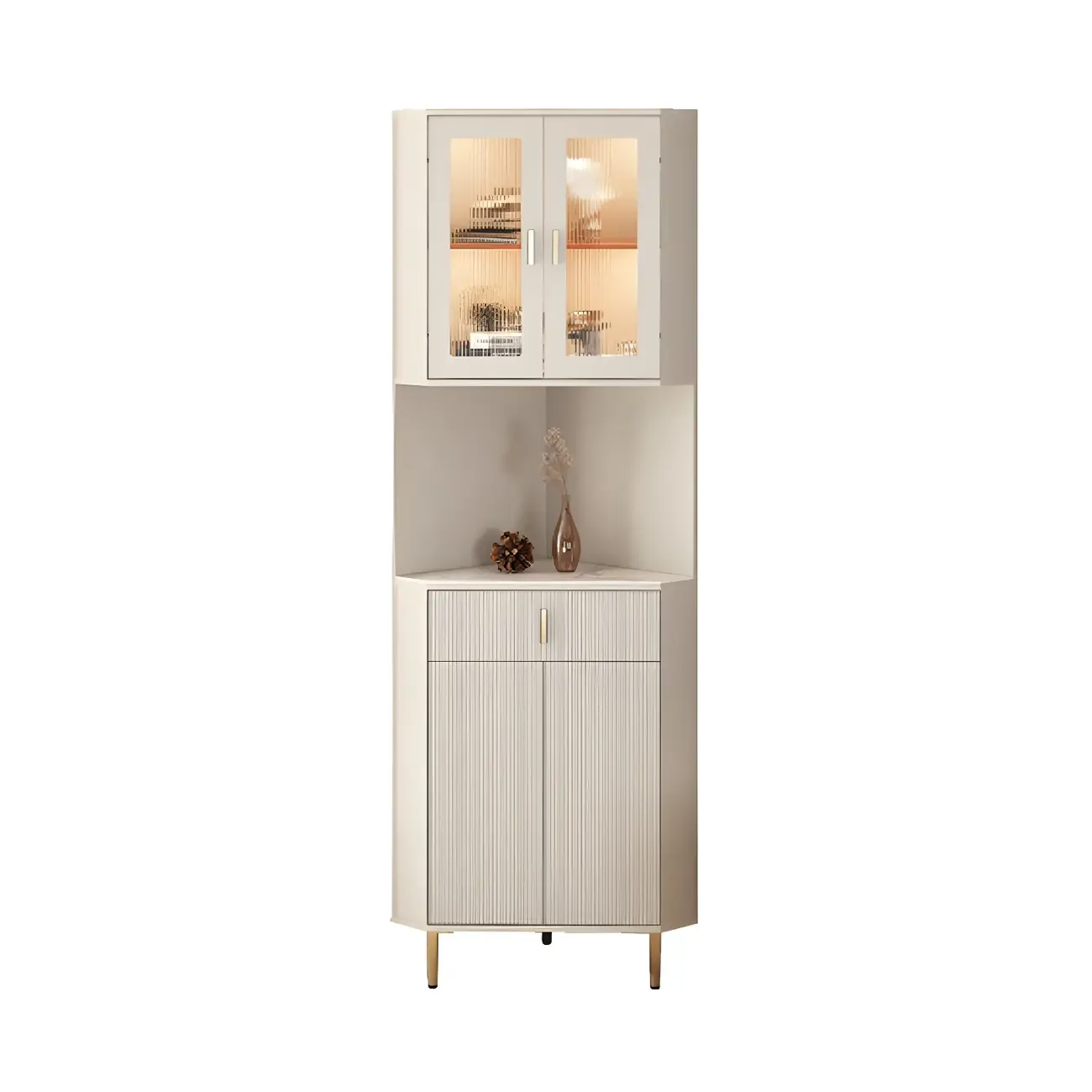 Modern Cream White Wood Gold Accent Storage Corner Cabinet Image - 11