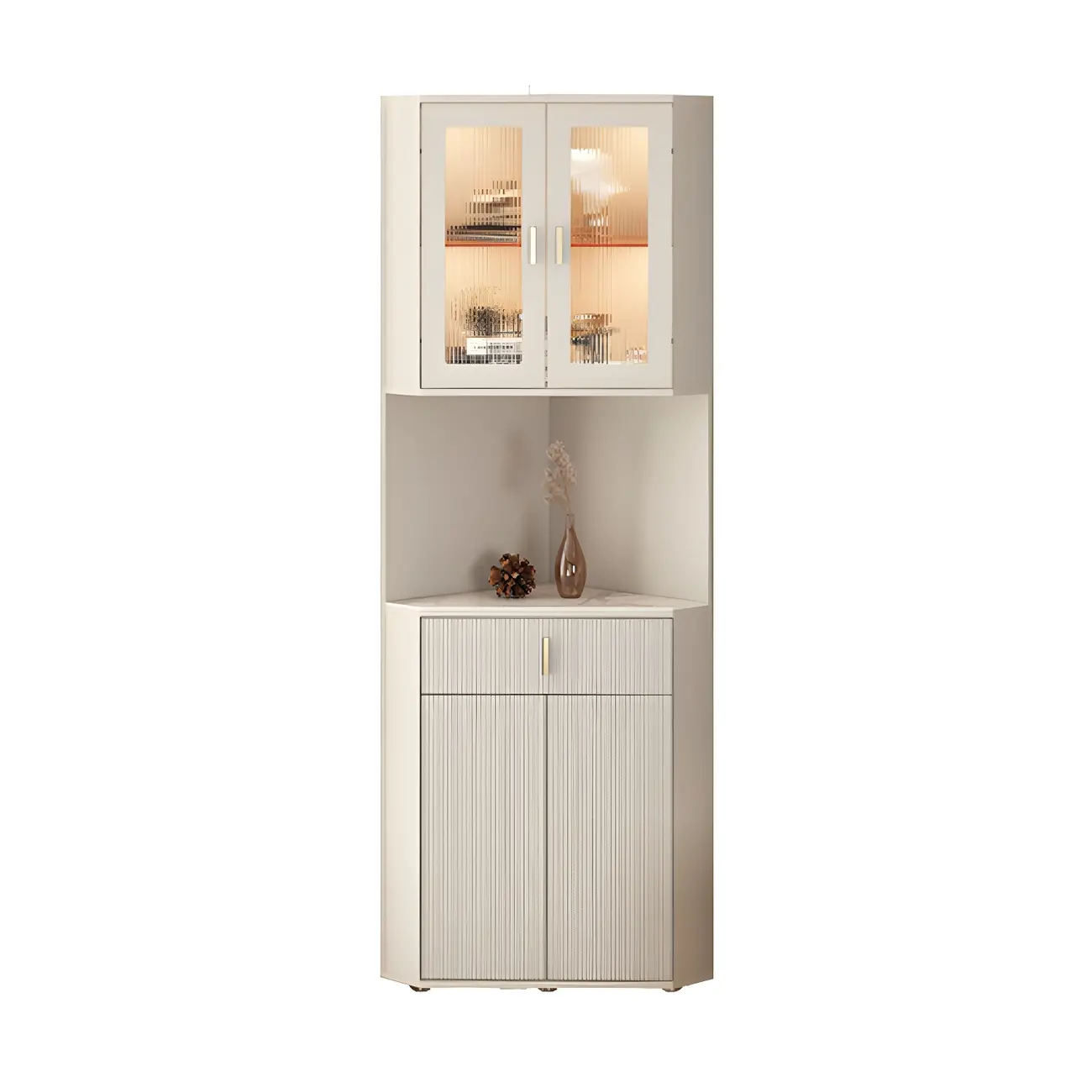 Modern Cream White Wood Gold Accent Storage Corner Cabinet Image - 12 | homeyfad