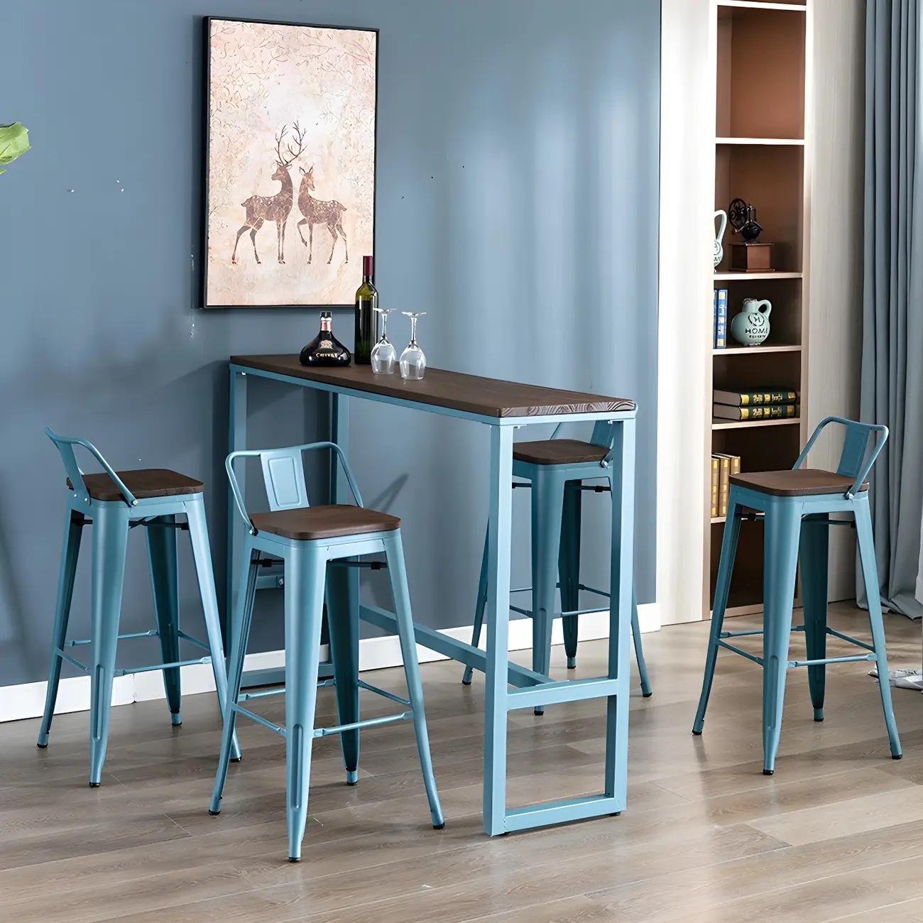 Scandinavian Brown Wood Blue Metal Footrest Bar Tables Image - 1 | homeyfad