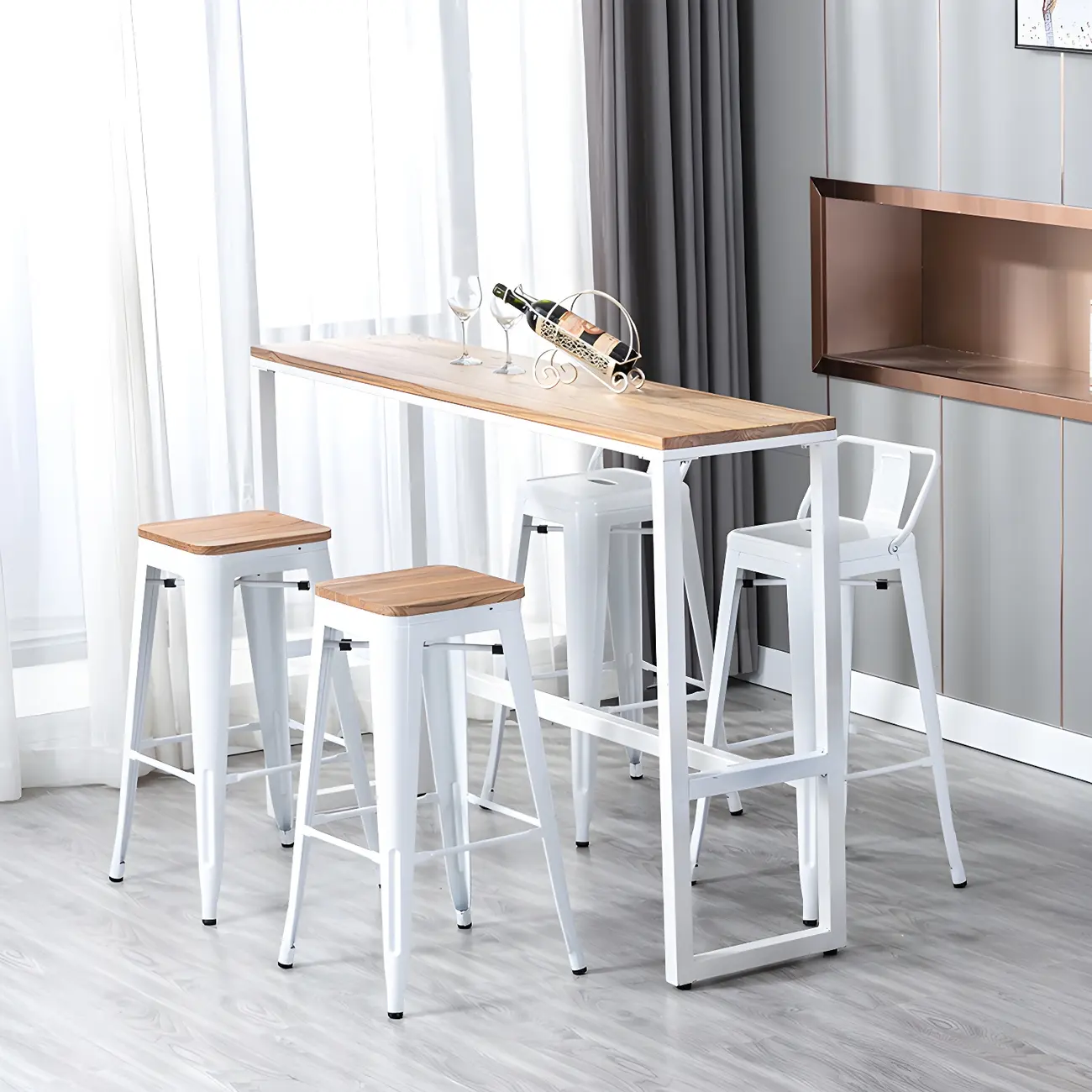 Scandinavian Brown Wood Blue Metal Footrest Bar Tables Image - 2 | homeyfad