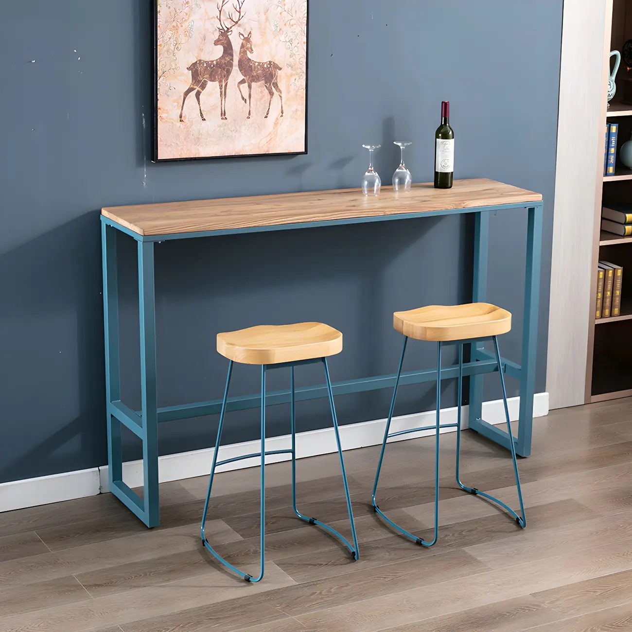 Scandinavian Brown Wood Blue Metal Footrest Bar Tables Image - 4 | homeyfad