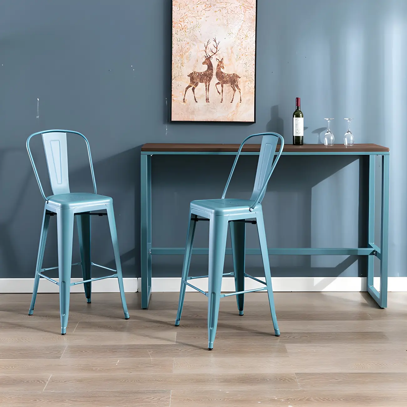 Scandinavian Brown Wood Blue Metal Footrest Bar Tables Image - 7 | homeyfad