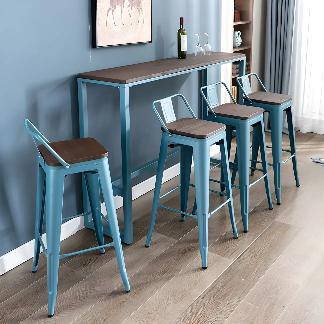 Scandinavian Brown Wood Blue Metal Footrest Bar Tables Image - 8 | homeyfad