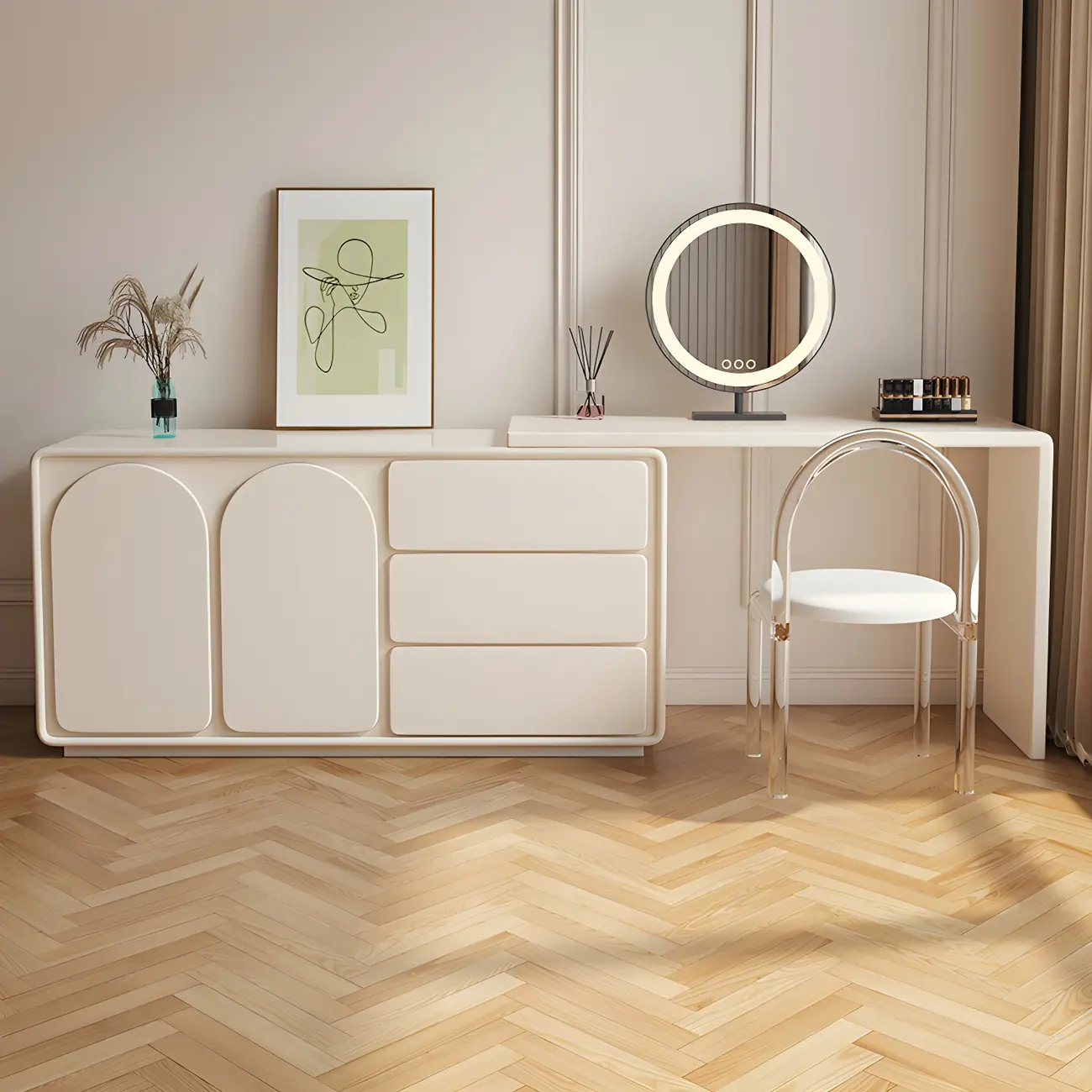 Modern White Wood Makeup Vanity with Cabinet Image - 2 | homeyfad