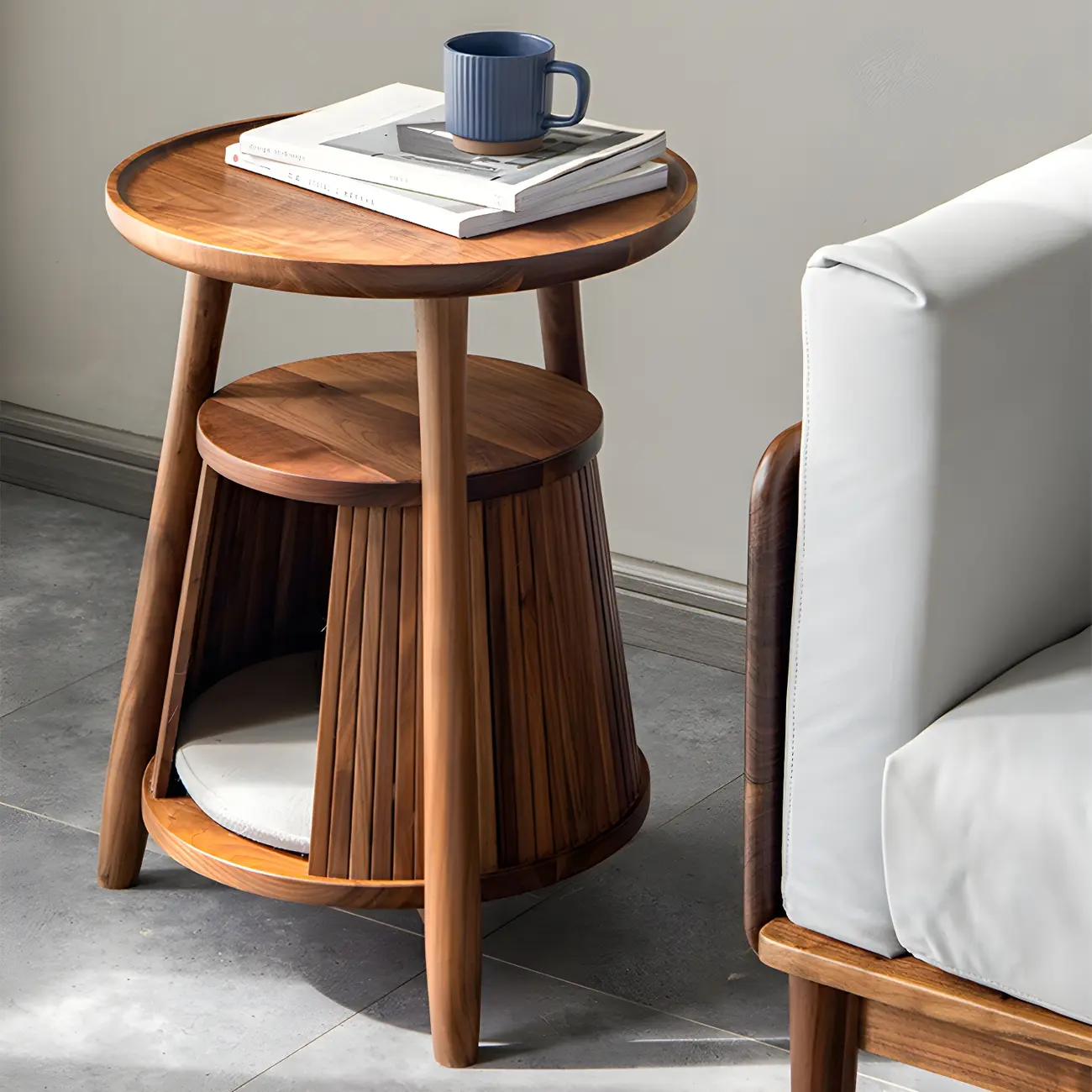 Scandinavian 2-tier Round Wood Side Table with Storage Shelf Image - 1 | homeyfad