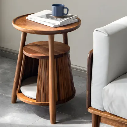 Scandinavian 2-tier Round Wood Side Table with Storage Shelf Image - 1