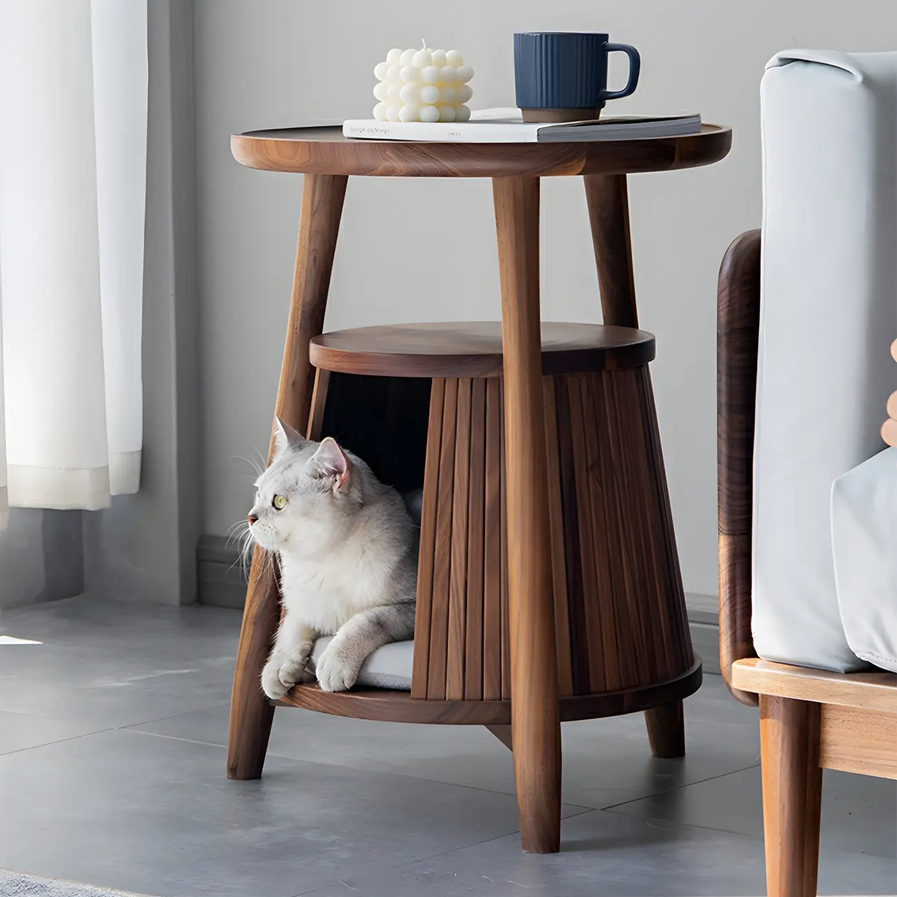 Scandinavian 2-tier Round Wood Side Table with Storage Shelf Image - 2 | homeyfad