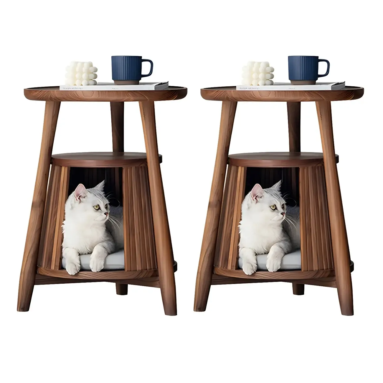 Scandinavian 2-tier Round Wood Side Table with Storage Shelf Image - 3