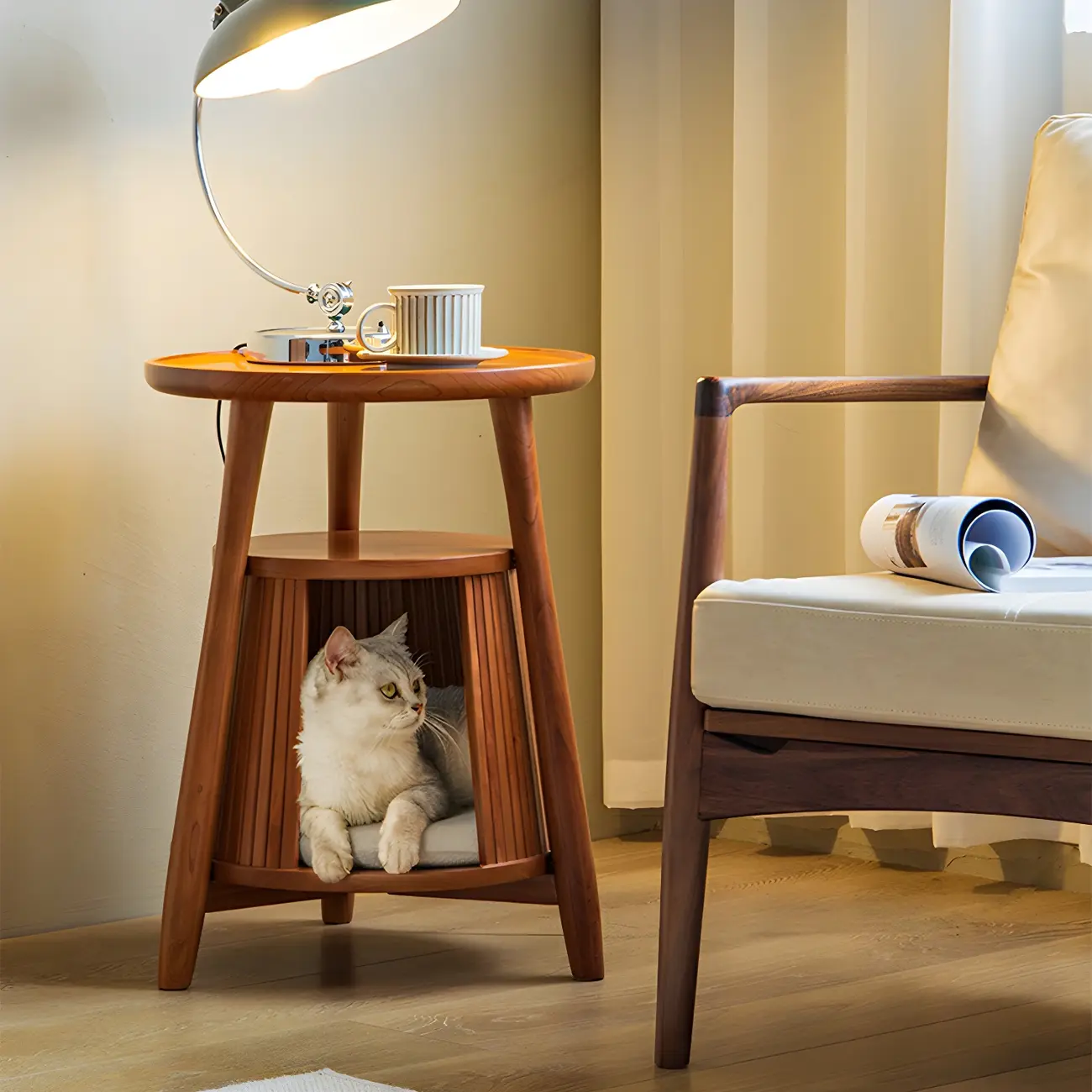 Scandinavian 2-tier Round Wood Side Table with Storage Shelf Image - 4 | homeyfad