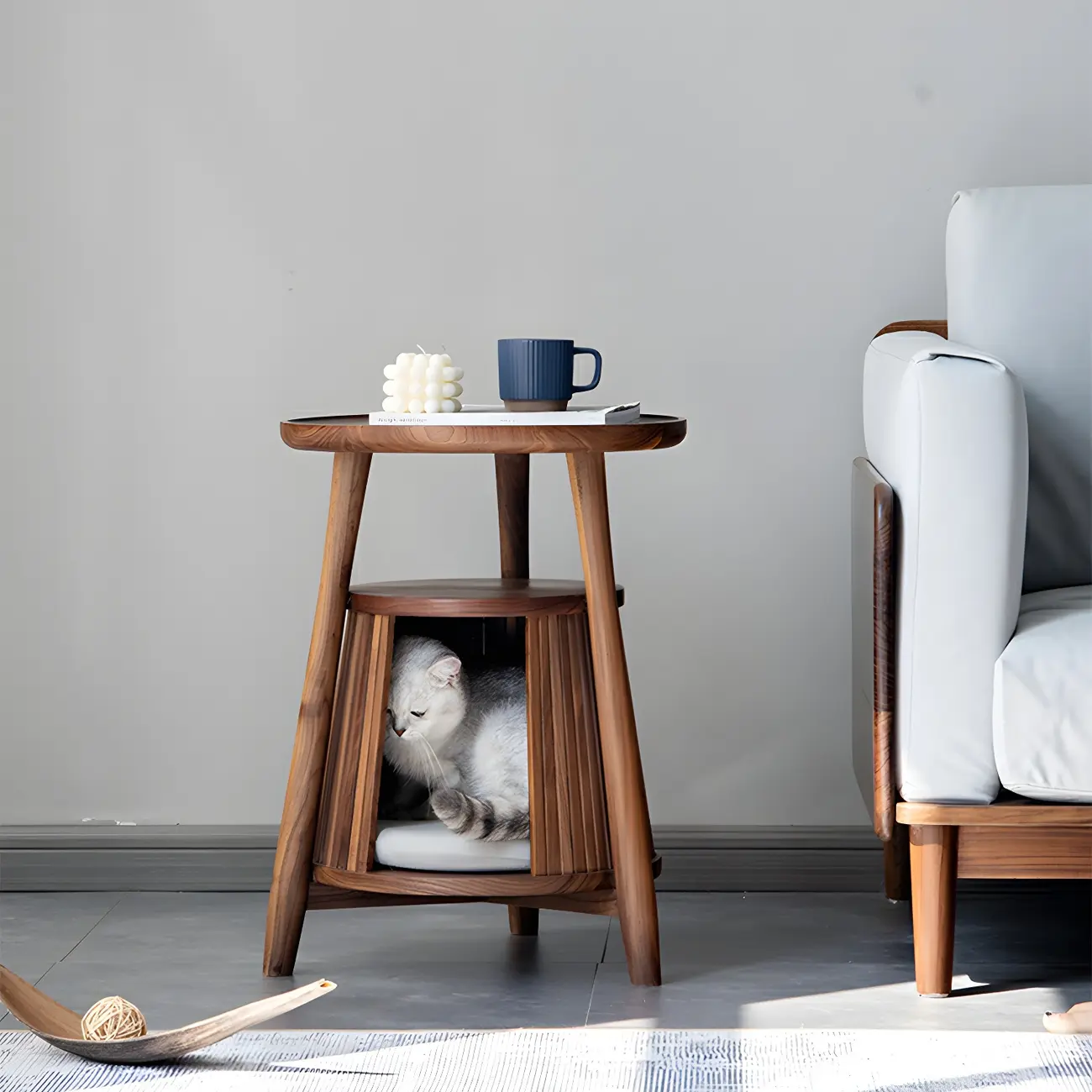 Scandinavian 2-tier Round Wood Side Table with Storage Shelf Image - 6 | homeyfad