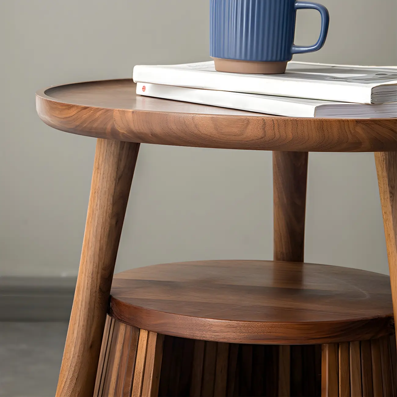 Scandinavian 2-tier Round Wood Side Table with Storage Shelf Image - 9 | homeyfad