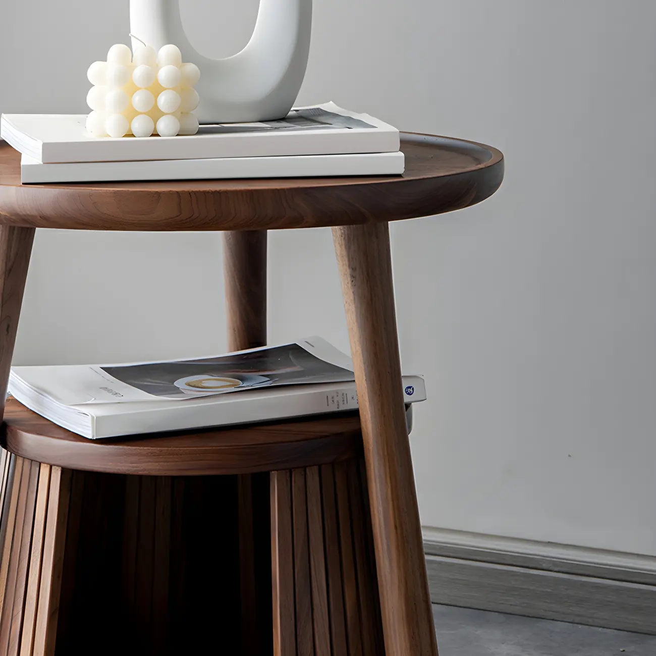 Scandinavian 2-tier Round Wood Side Table with Storage Shelf Image - 11 | homeyfad