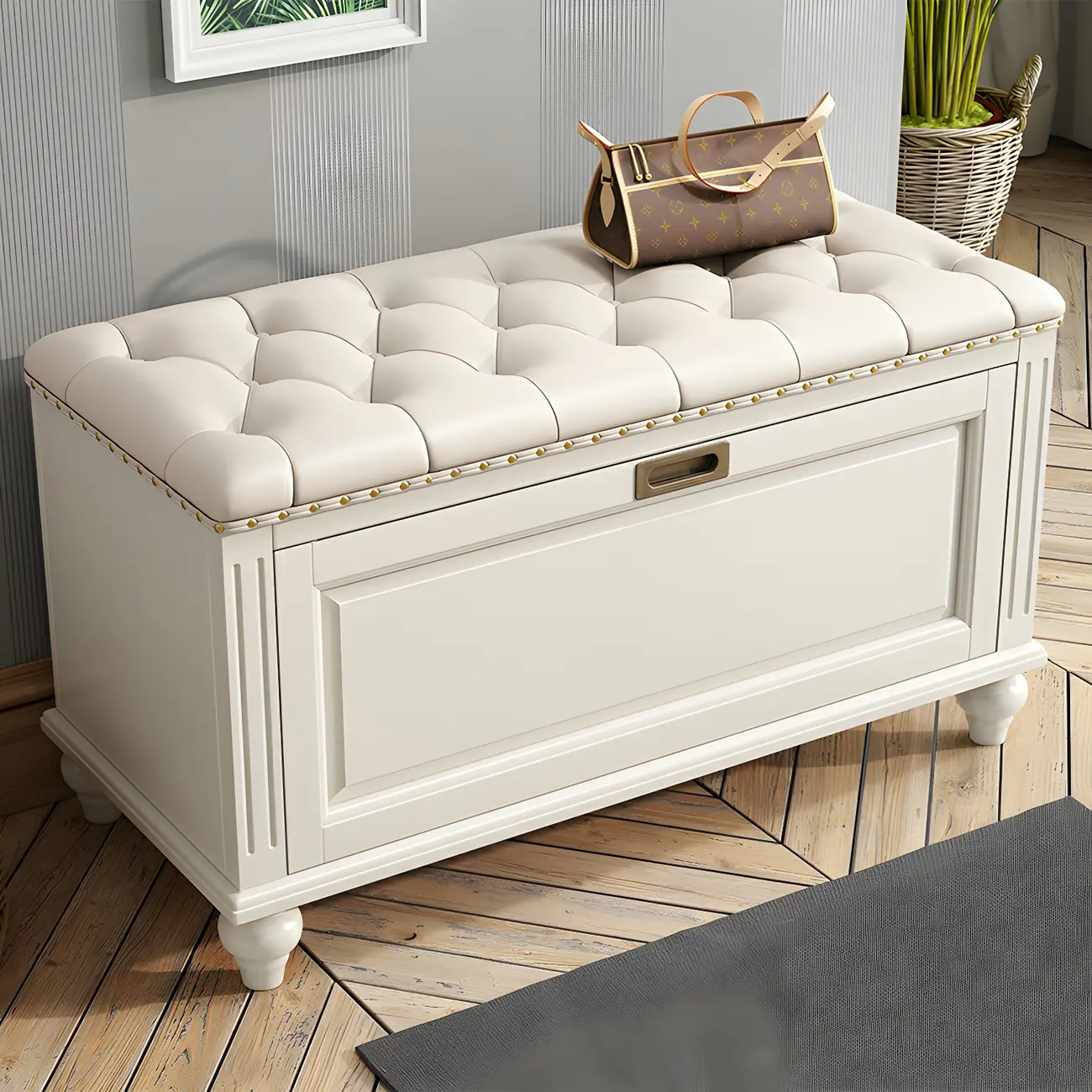 Tufted White Upholstered Entryway Bench with Shoe Storage Image - 1 | homeyfad