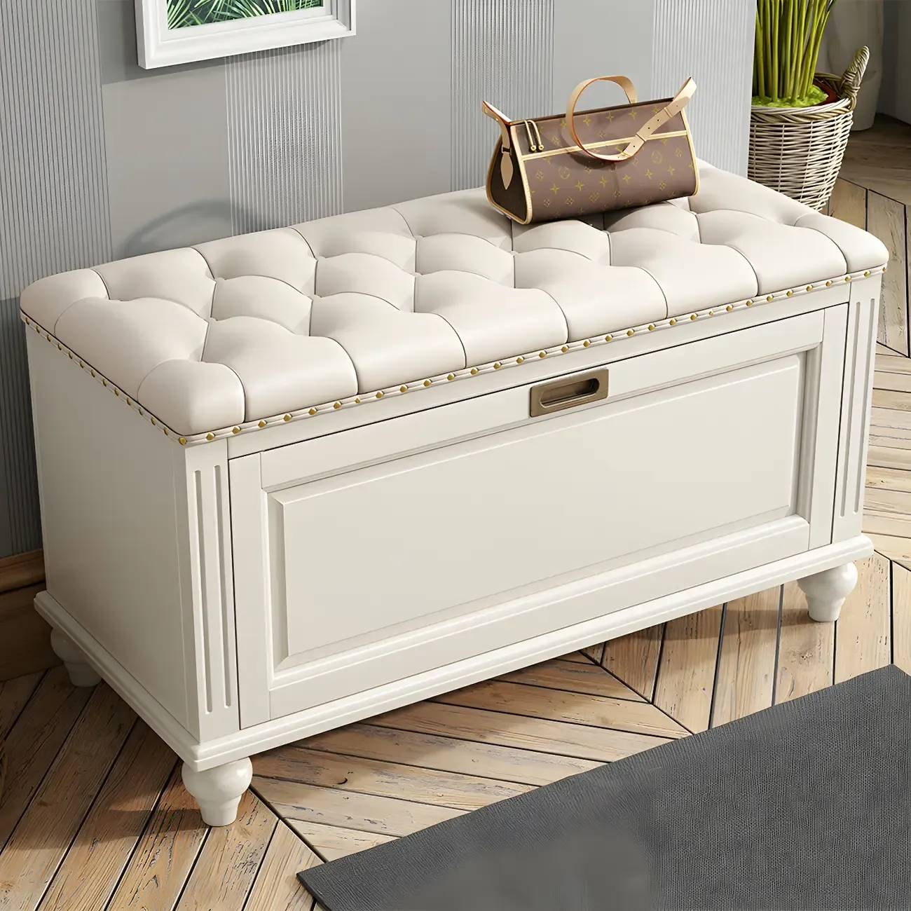 Tufted White Upholstered Entryway Bench with Shoe Storage Image - 1
