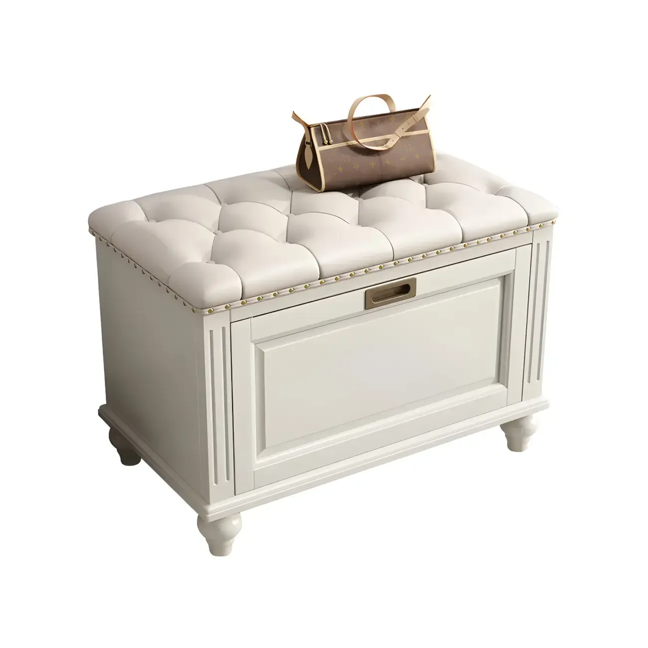 Tufted White Upholstered Entryway Bench with Shoe Storage Image - 12
