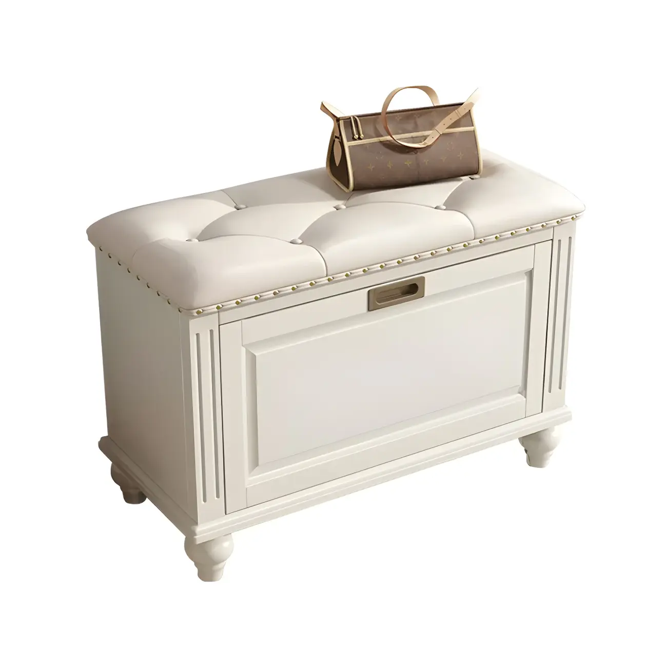 Tufted White Upholstered Entryway Bench with Shoe Storage Image - 13 | homeyfad