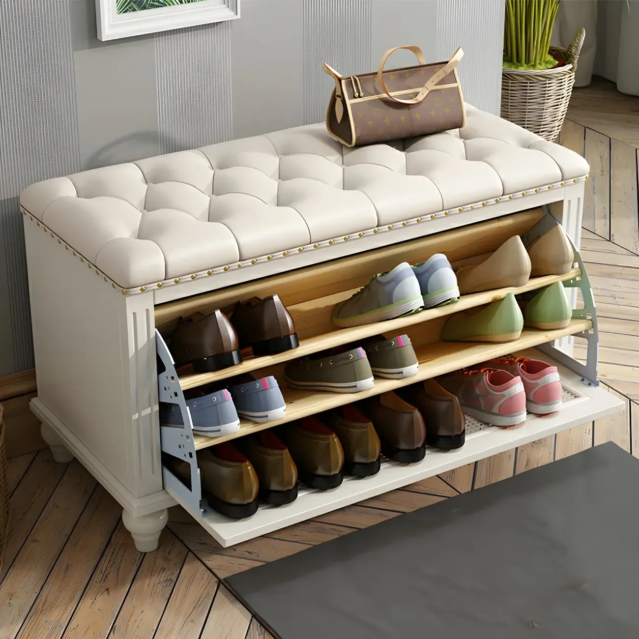 Tufted White Upholstered Entryway Bench with Shoe Storage Image - 2