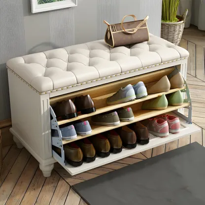 Tufted White Upholstered Entryway Bench with Shoe Storage Image - 2