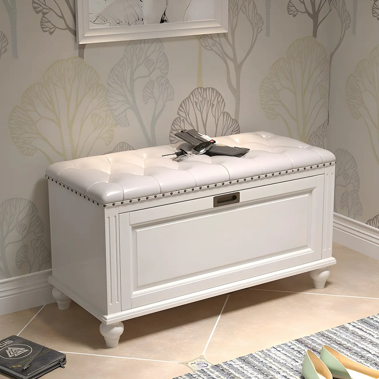 Tufted White Upholstered Entryway Bench with Shoe Storage Image - 4 | homeyfad
