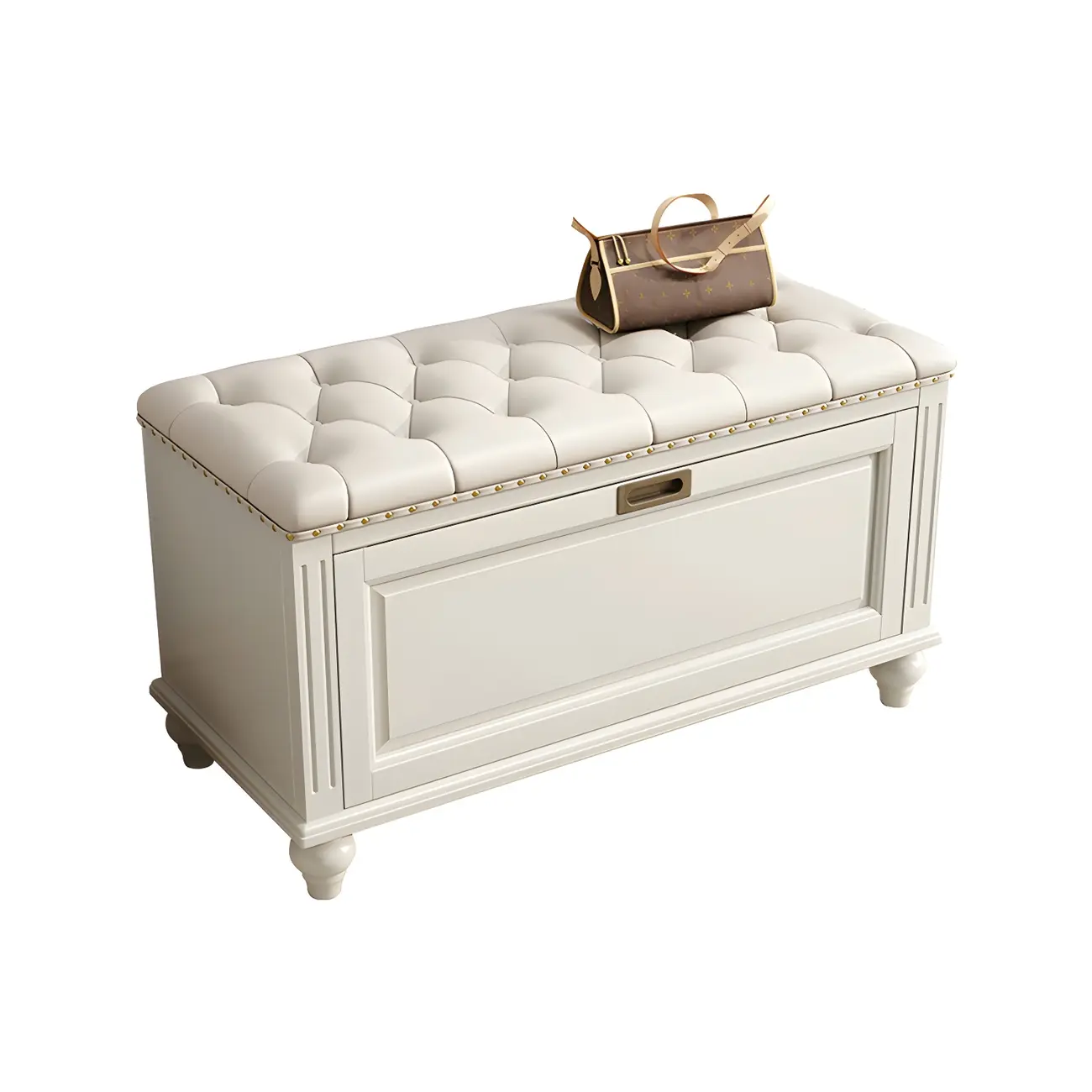 Tufted White Upholstered Entryway Bench with Shoe Storage Image - 16 | homeyfad