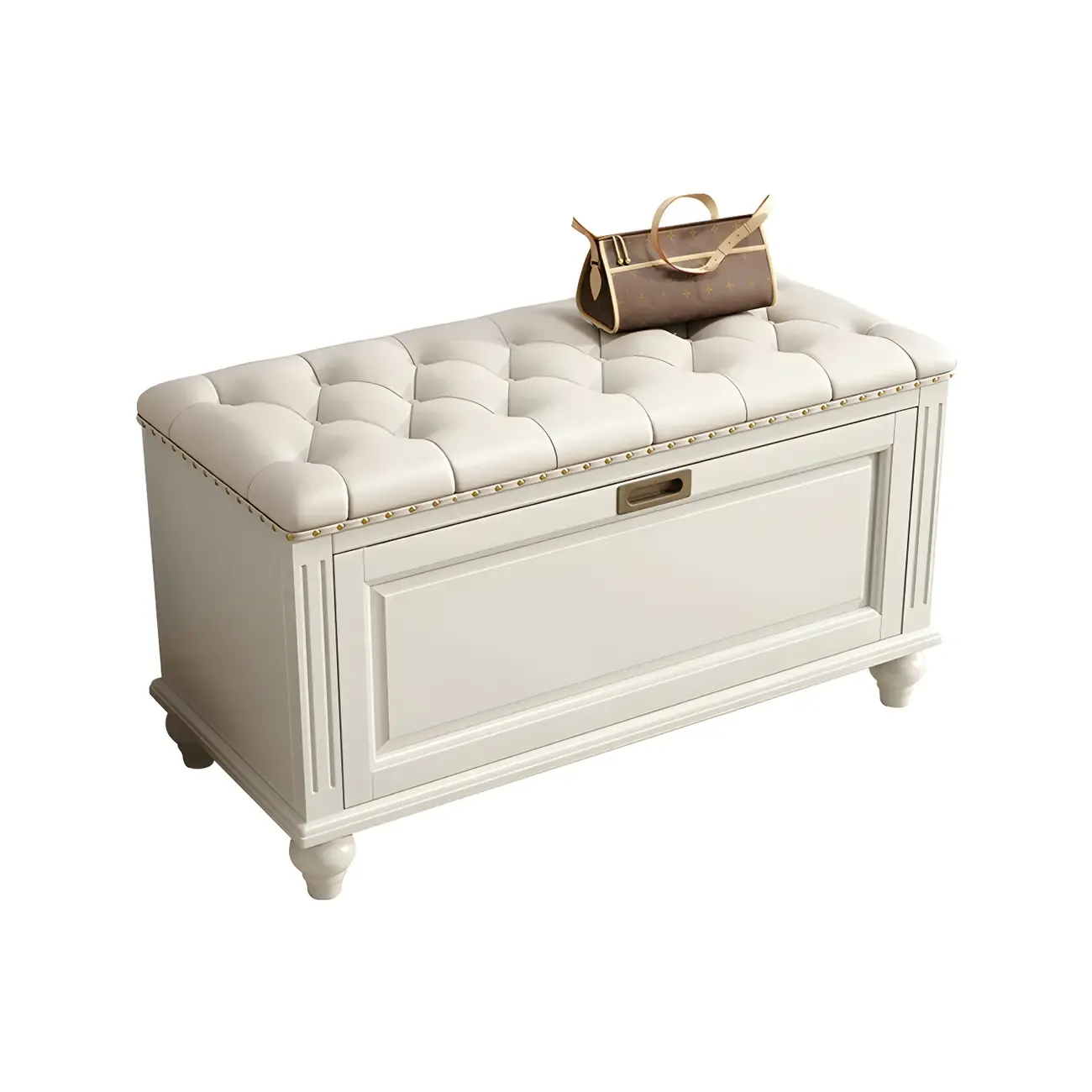 Tufted White Upholstered Entryway Bench with Shoe Storage Image - 16