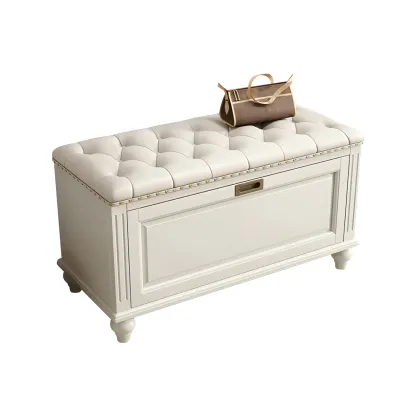 Tufted White Upholstered Entryway Bench with Shoe Storage Image - 16