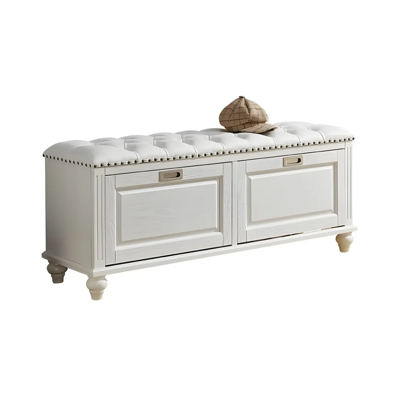 Tufted White Upholstered Entryway Bench with Shoe Storage Image - 17 | homeyfad