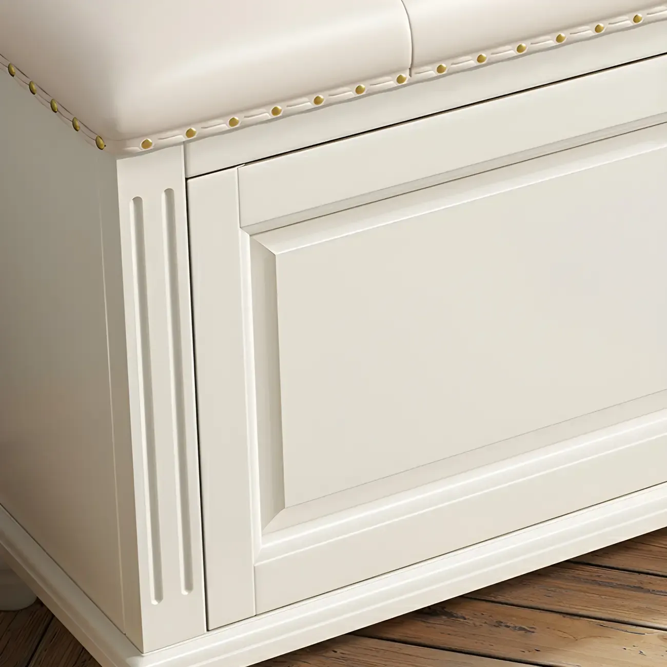 Tufted White Upholstered Entryway Bench with Shoe Storage Image - 9