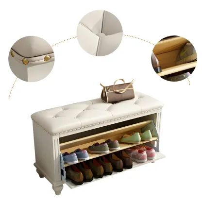 Tufted White Upholstered Entryway Bench with Shoe Storage Image - 11